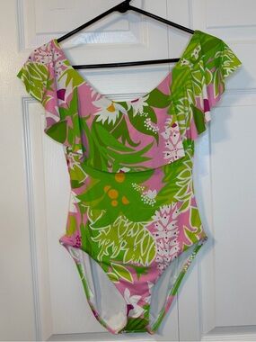 Trina Turk Tropical Pink & Green Ruffled One-Piece Swimsuit